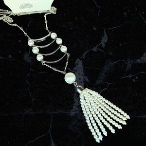NEW Cato Long Chain Fringe Beaded Pendant Elegant White Silver Tone